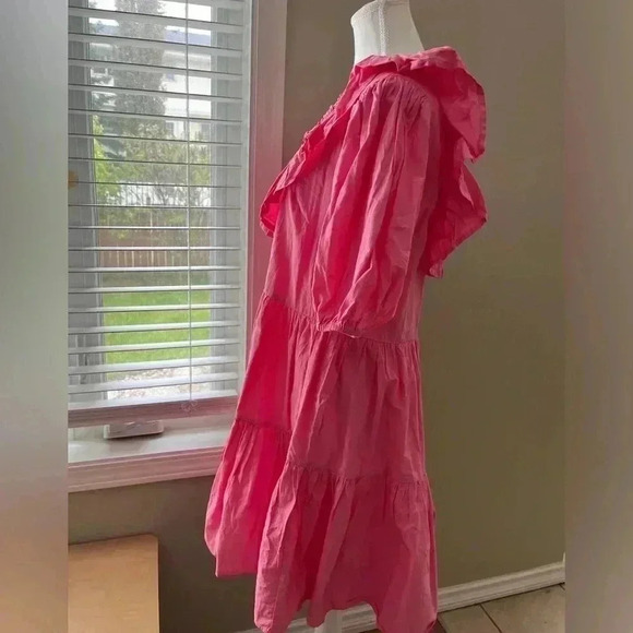 [L]Miss Selfridge Ruffled V  Neck A Shape Mid Sleeve Tiered Cotton Mini Dress - Picture 4 of 10